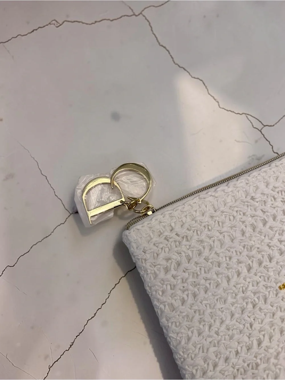 AUTHENTIC GWP Dior White Crochet Pouch with Gold Embroidered logo